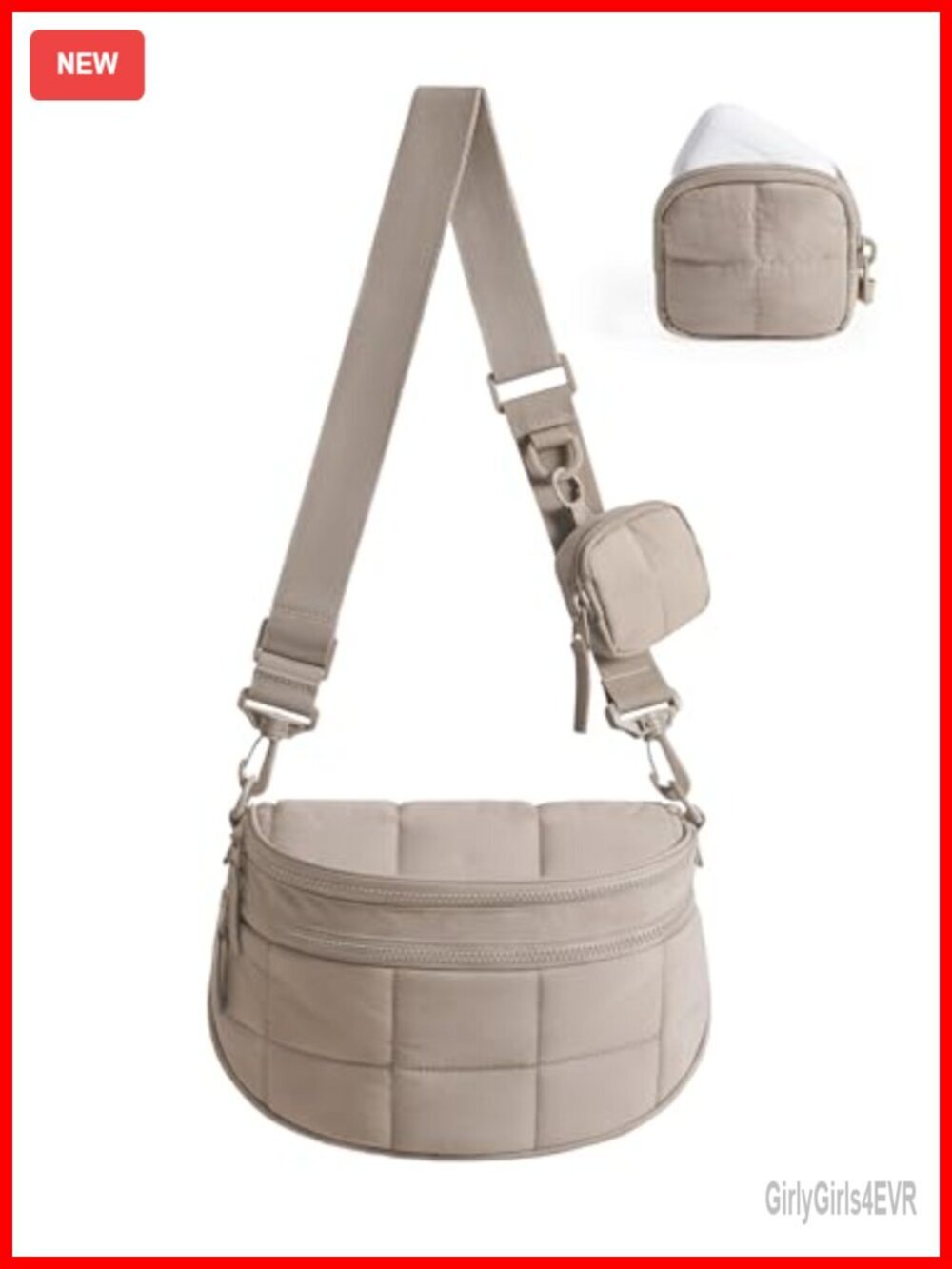 Small Quilted Crossbody Bag with Detachable Pouch, Nylon Puffer Bum Bag for